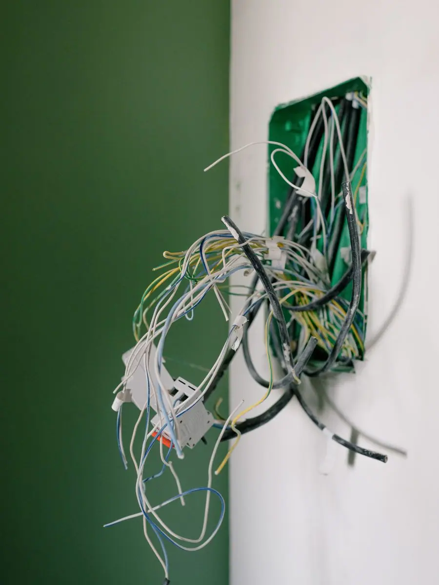 Caja de registro con el cableado saliendo de la pared durante una reforma eléctrica